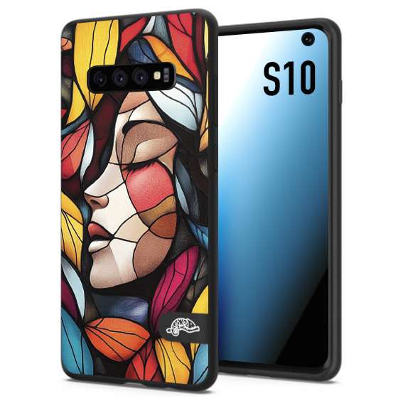 CUSTOMIZZA - Custodia cover nera morbida in tpu compatibile per Samsung S10 Vetrata artistica volto di donna profilo fogliare mosaico di vetro colorato