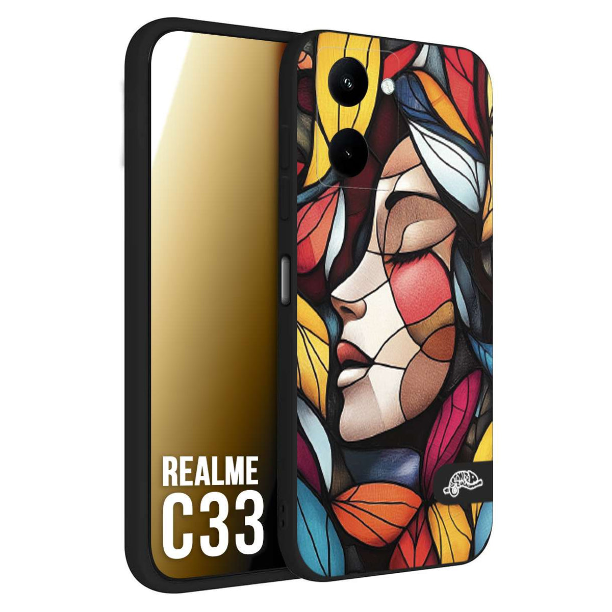 CUSTOMIZZA - Custodia cover nera morbida in tpu compatibile per Realme C33 Vetrata artistica volto di donna profilo fogliare mosaico di vetro colorato
