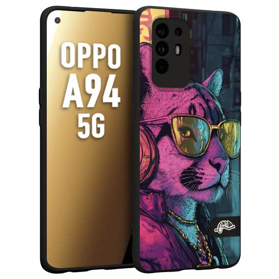 CUSTOMIZZA - Custodia cover nera morbida in tpu compatibile per Oppo A94 5G animali cyberpunk pantera street cat fucsia blu giallo