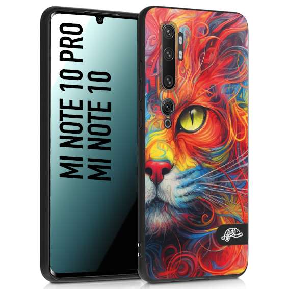 CUSTOMIZZA - Custodia cover nera morbida in tpu compatibile per Xiaomi Mi Note 10 - Mi Note 10 Pro animali color cat gatto viso colori vibranti disegnato schizzo