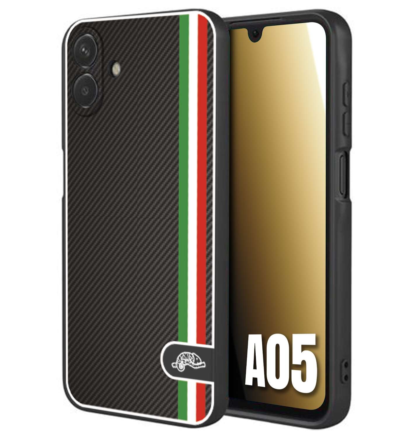 CUSTOMIZZA - Custodia cover nera morbida in tpu compatibile per Samsung A05 effetto fibra di carbonio bandiera Italia made in Italy