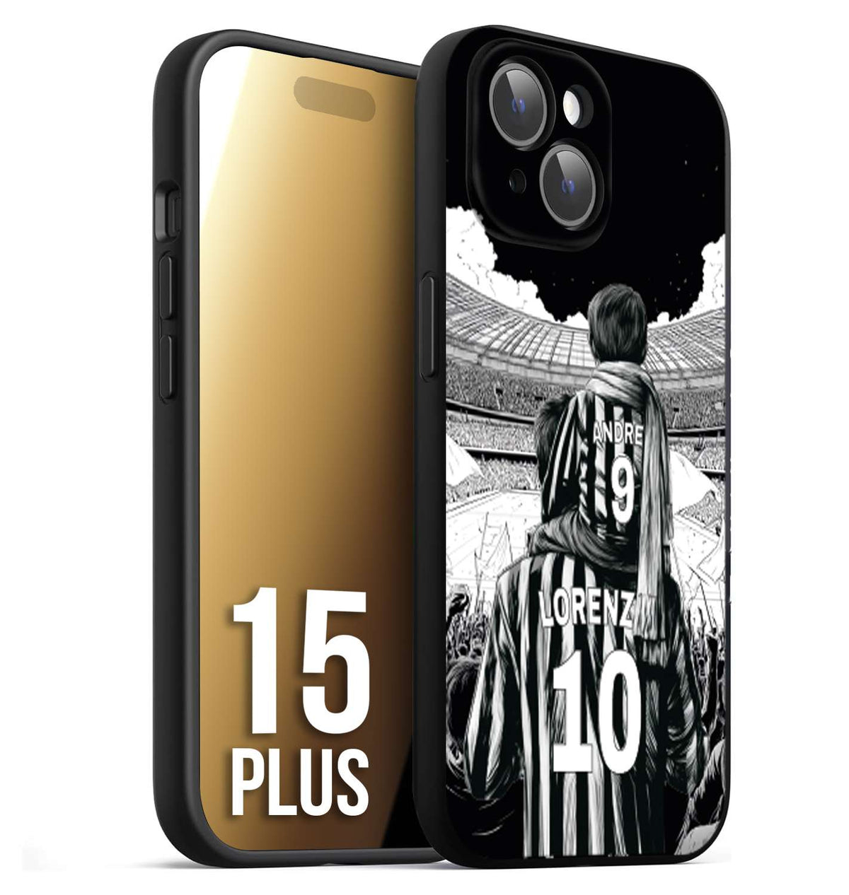 CUSTOMIZZA - Custodia cover nera morbida in tpu compatibile per iPhone 15 PLUS personalizzata calcio football nome e numero calciatori bianconeri bianca e nera