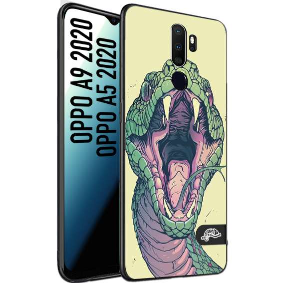 CUSTOMIZZA - Custodia cover nera morbida in tpu compatibile per Oppo A9 2020 - A5 2020 snake yellow green serpente tatuaggio tattoo disegnato a mano