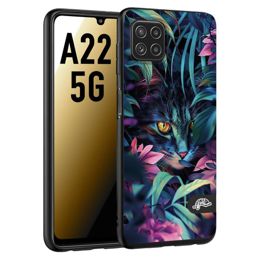 CUSTOMIZZA - Custodia cover nera morbida in tpu compatibile per Samsung A22 5G animali color giungla tropicale occhio di gatto colori vibranti disegnato
