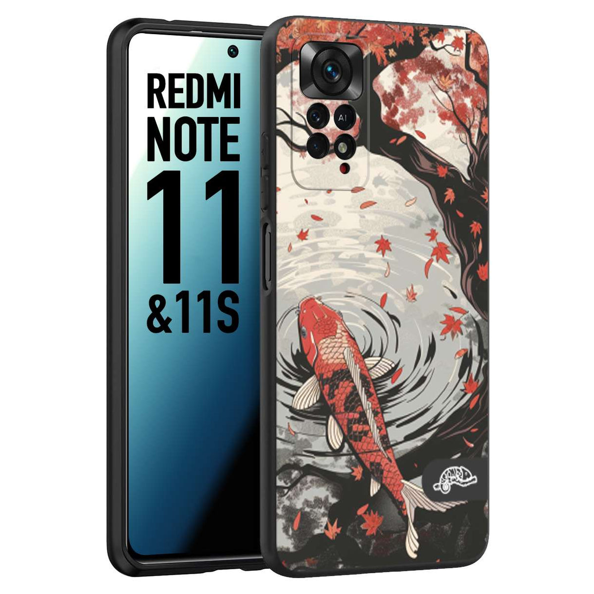 CUSTOMIZZA - Custodia cover nera morbida in tpu compatibile per Xiaomi Redmi Note 11 - Note 11S giapponese lago carpa koi rossa con foglie d'acero rosso disegnata tattoo