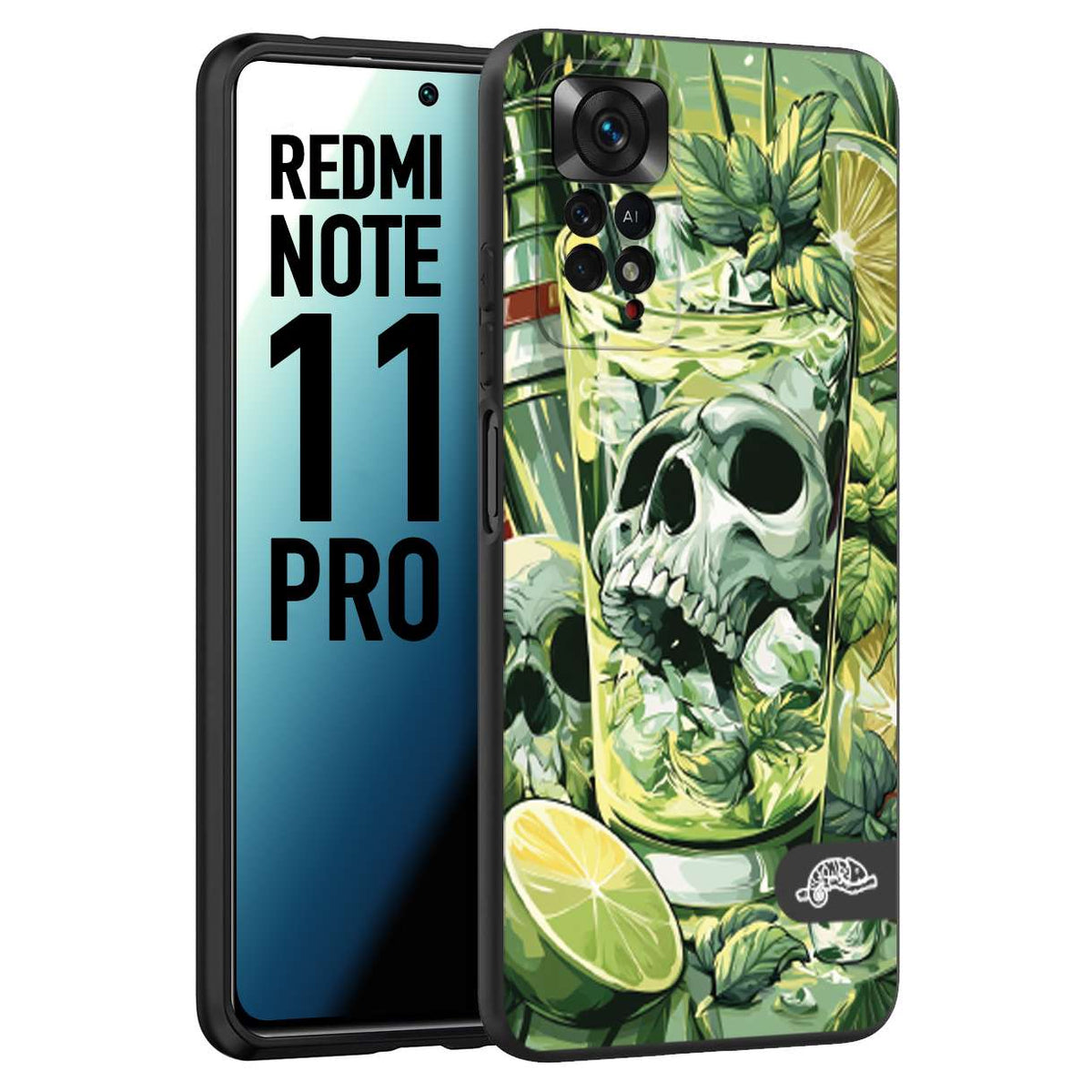 CUSTOMIZZA - Custodia cover nera morbida in tpu compatibile per Xiaomi Redmi Note 11 PRO Mojito cocktail teschio illustrazione drink lime menta ghiacci tropicale street art