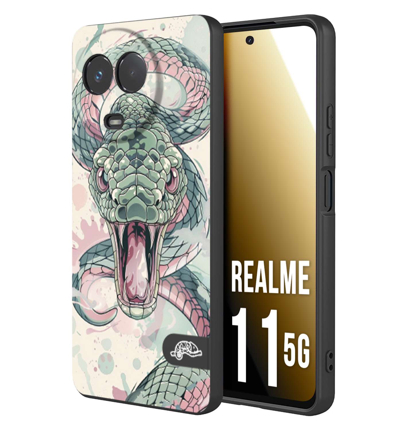 CUSTOMIZZA - Custodia cover nera morbida in tpu compatibile per Realme 11 5G snake pink green serpente tatuaggio tattoo disegnato a mano