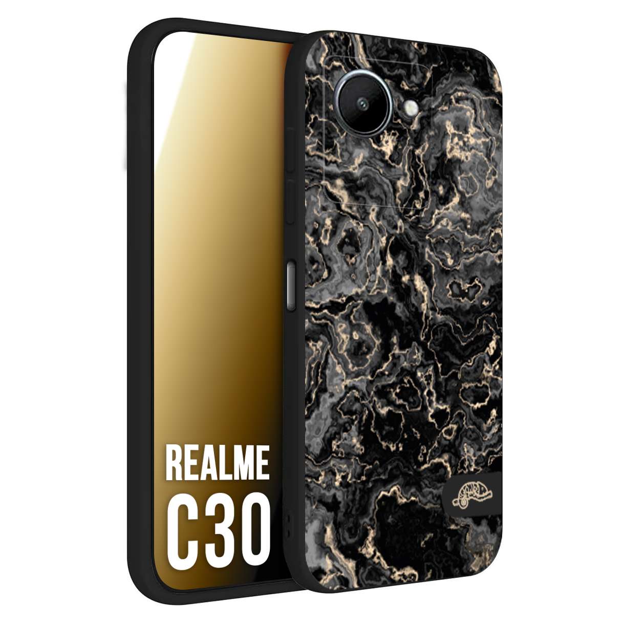 CUSTOMIZZA - Custodia cover nera morbida in tpu compatibile per Oppo Realme C30 effetto marmo marble nero black venature dorato pietra