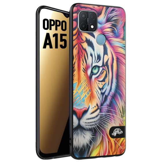 CUSTOMIZZA - Custodia cover nera morbida in tpu compatibile per Oppo A15 animali color tigre tiger viso colori vibranti disegnato schizzo