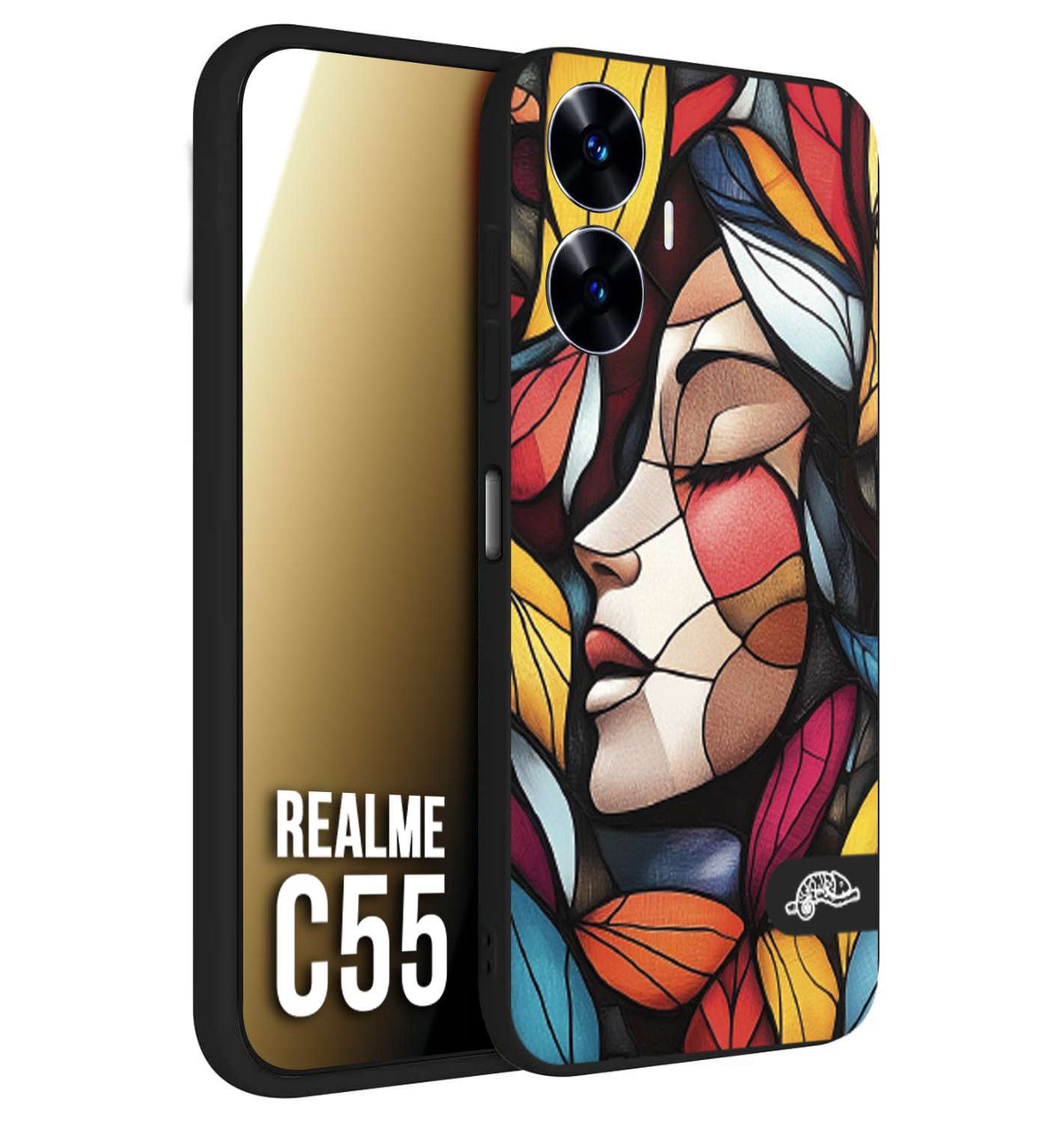 CUSTOMIZZA - Custodia cover nera morbida in tpu compatibile per Realme C55 Vetrata artistica volto di donna profilo fogliare mosaico di vetro colorato