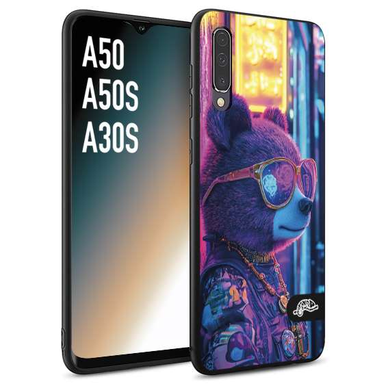 CUSTOMIZZA - Custodia cover nera morbida in tpu compatibile per Samsung A50 - A50S - A30S animali cyberpunk orsetto orso street bear fucsia blu night