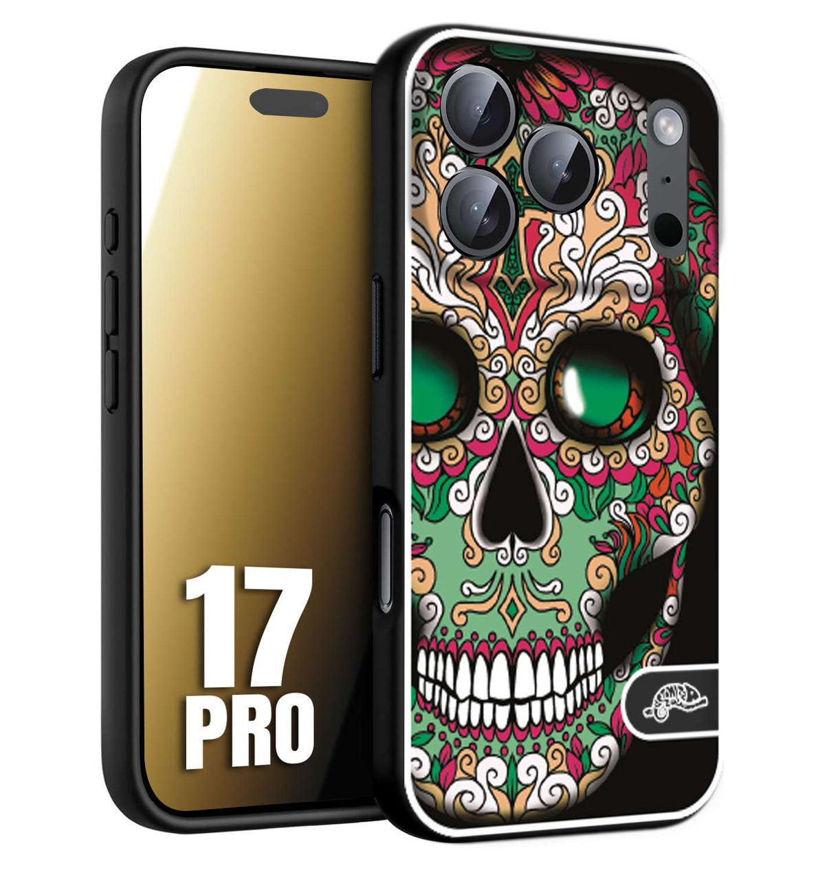 CUSTOMIZZA - Custodia cover nera morbida in tpu compatibile per iPhone 17 PRO teschio messicano Mexican skull verde fucsia