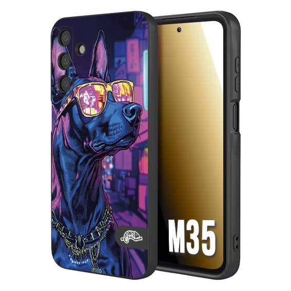 CUSTOMIZZA - Custodia cover nera morbida in tpu compatibile per Samsung M35 animali cyberpunk dobermann cane street dog fucsia blu night