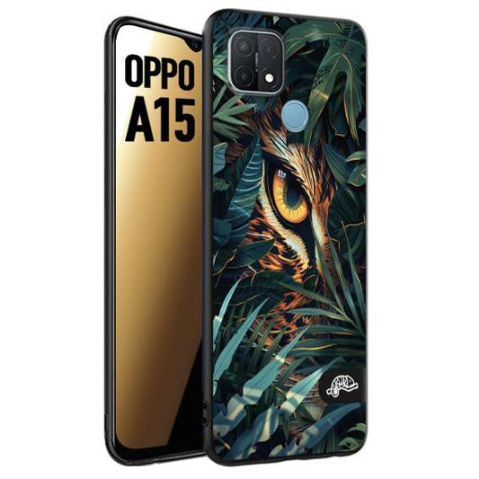 CUSTOMIZZA - Custodia cover nera morbida in tpu compatibile per Oppo A15 animali color giungla tropicale occhio di giaguaro felino disegnato