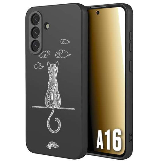 CUSTOMIZZA - Custodia cover nera morbida in tpu compatibile per Samsung A16 gatto mandala stilizzato gattino a rilievo soft touch donna bianca