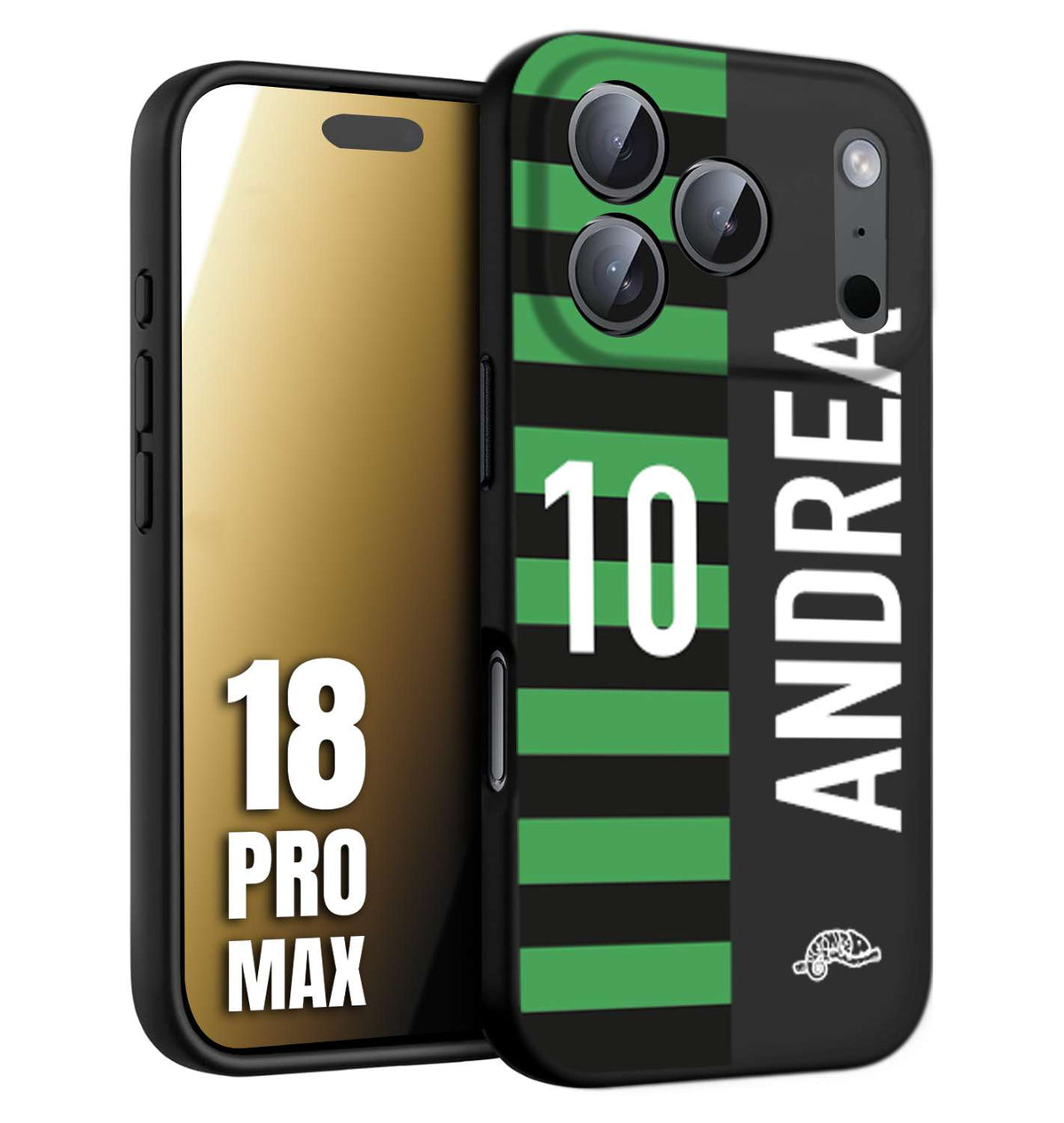 CUSTOMIZZA - Custodia cover nera morbida in tpu compatibile per iPhone 18 PRO MAX personalizzata calcio football nome e numero calciatori neroverde