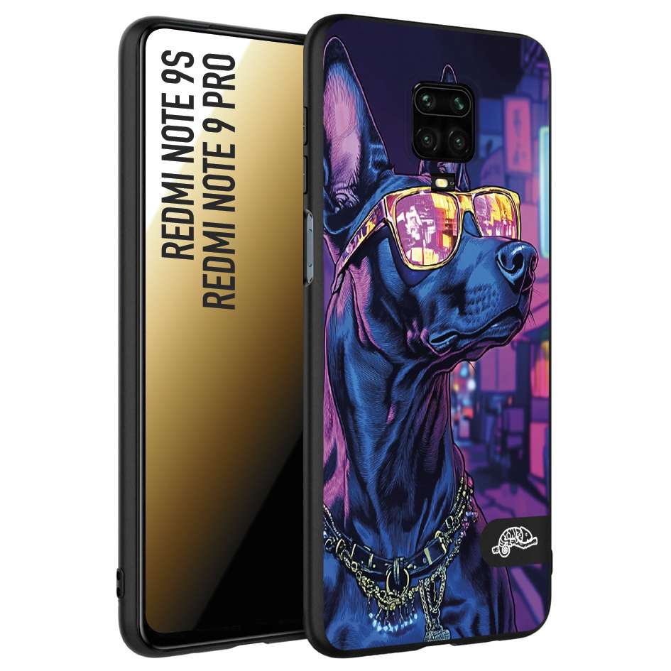 CUSTOMIZZA - Custodia cover nera morbida in tpu compatibile per Xiaomi Redmi Note 9S - Note 9 PRO animali cyberpunk dobermann cane street dog fucsia blu night