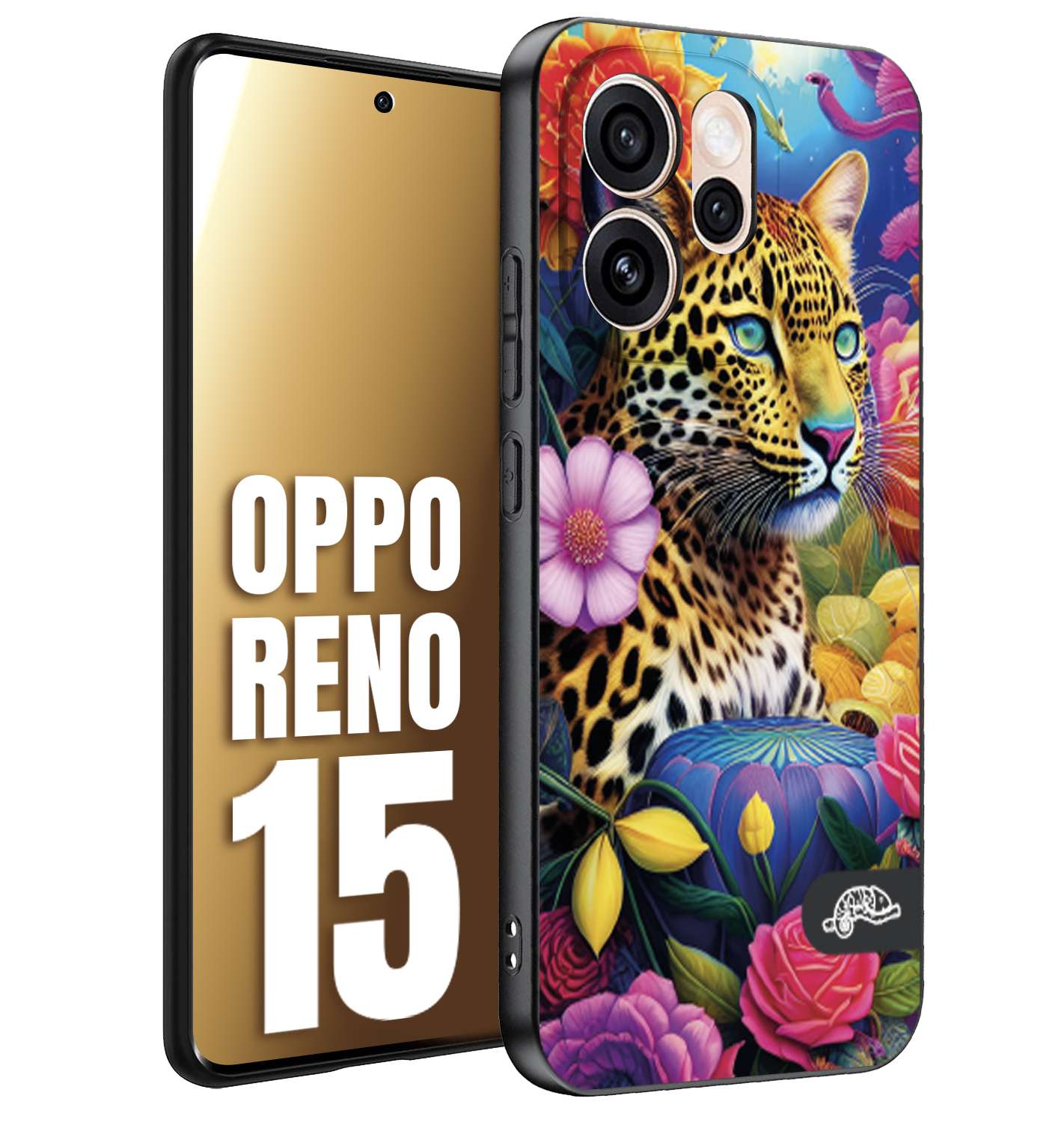 CUSTOMIZZA - Custodia cover nera morbida in tpu compatibile per Oppo Reno 15 astratti donna flower fantasia leopardo ghepardo animali colorati