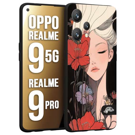 CUSTOMIZZA - Custodia cover nera morbida in tpu compatibile per Realme 9 5G - 9 PRO woman flower Fantasia Floreale Design Donna e Fiori, Retro Artistico