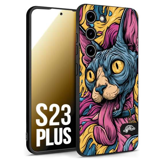 CUSTOMIZZA - Custodia cover nera morbida in tpu compatibile per Samsung S23 PLUS Sphynx Colorato Pop Art Psichedelico Gatto Blu Rosa Giallo Artistica Fantasy
