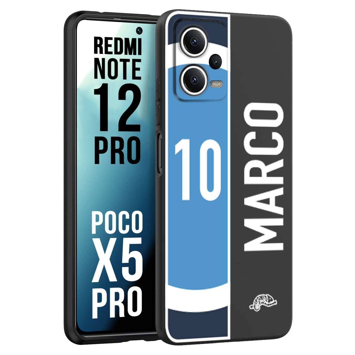 CUSTOMIZZA - Custodia cover nera morbida in tpu compatibile per Xiaomi Redmi Note 12 PRO - POCO X5 PRO personalizzata calcio football nome e numero calciatori biancoazzurri bianco celesti