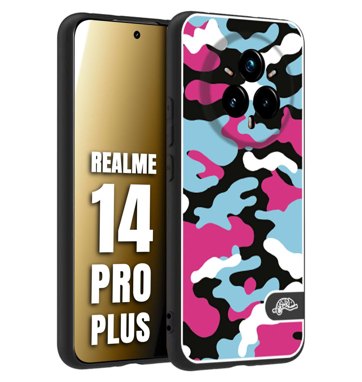CUSTOMIZZA - Custodia cover nera morbida in tpu compatibile per Realme 14 PRO PLUS camouflage mimetico militare fucsia celeste