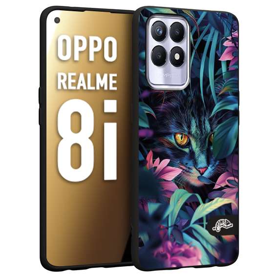 CUSTOMIZZA - Custodia cover nera morbida in tpu compatibile per Realme 8i animali color giungla tropicale occhio di gatto colori vibranti disegnato