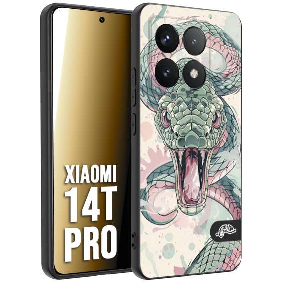 CUSTOMIZZA - Custodia cover nera morbida in tpu compatibile per Xiaomi 14T PRO snake pink green serpente tatuaggio tattoo disegnato a mano