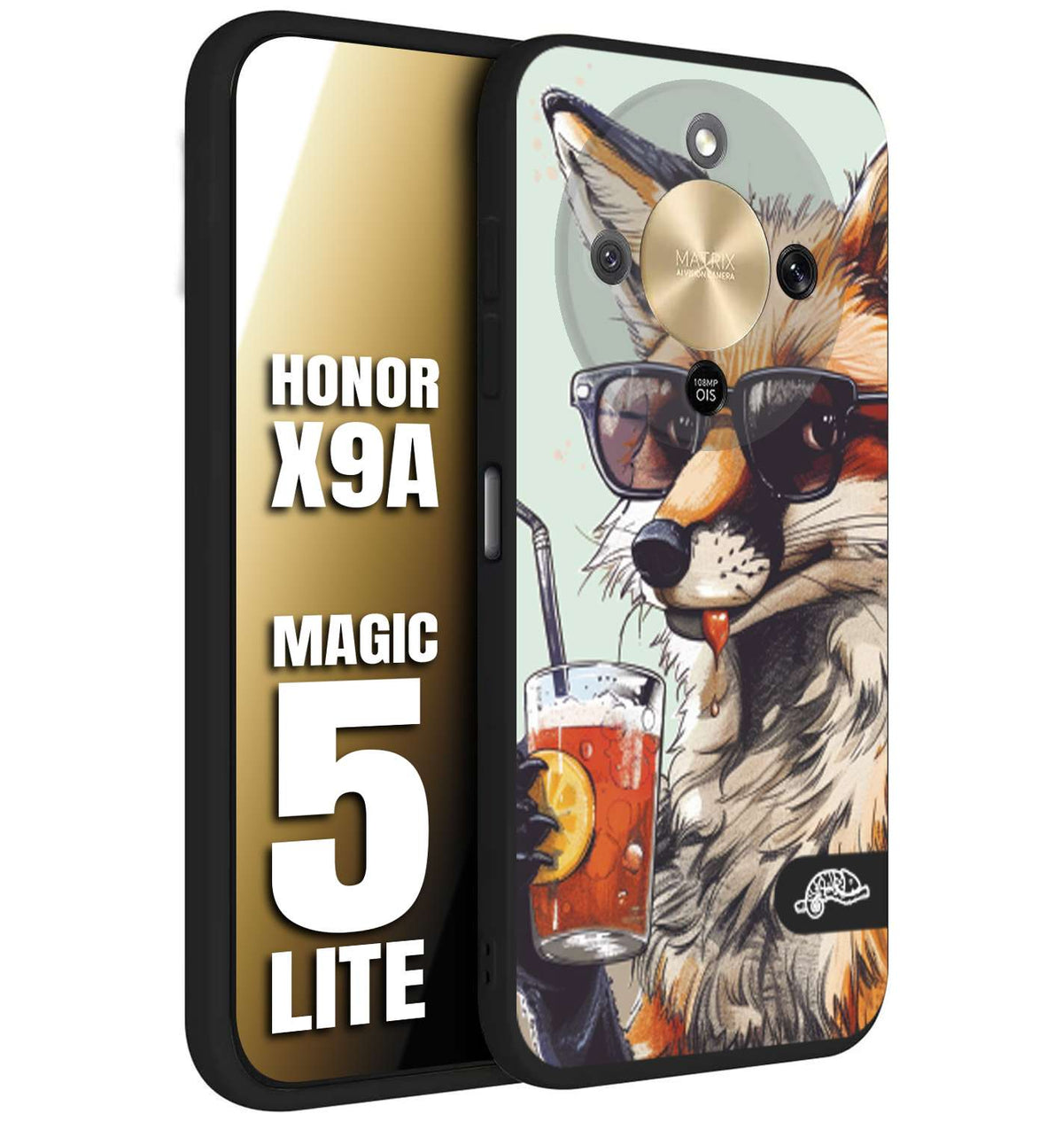 CUSTOMIZZA - Custodia cover nera morbida in tpu compatibile per Honor X9A - Honor Magic 5 Lite estate disegnata cocktails animali simpatici fox volpe negroni