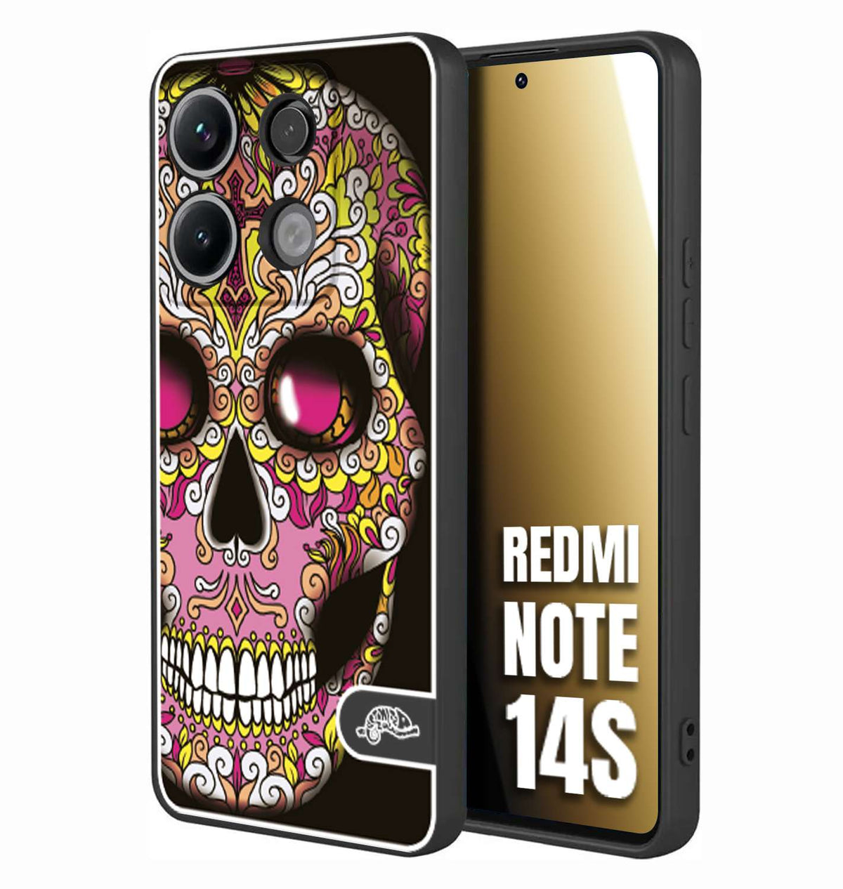 CUSTOMIZZA - Custodia cover nera morbida in tpu compatibile per Xiaomi Redmi Note 14S teschio messicano Mexican skull rosa gialla