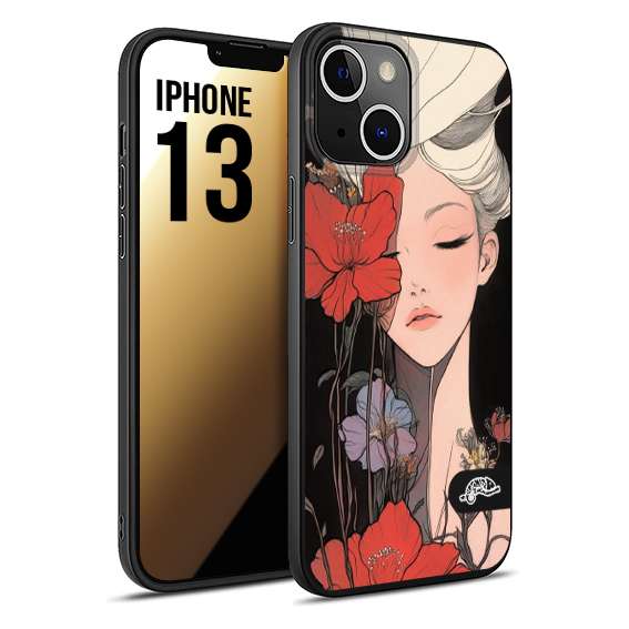 CUSTOMIZZA - Custodia cover nera morbida in tpu compatibile per iPhone 13 woman flower Fantasia Floreale Design Donna e Fiori, Retro Artistico