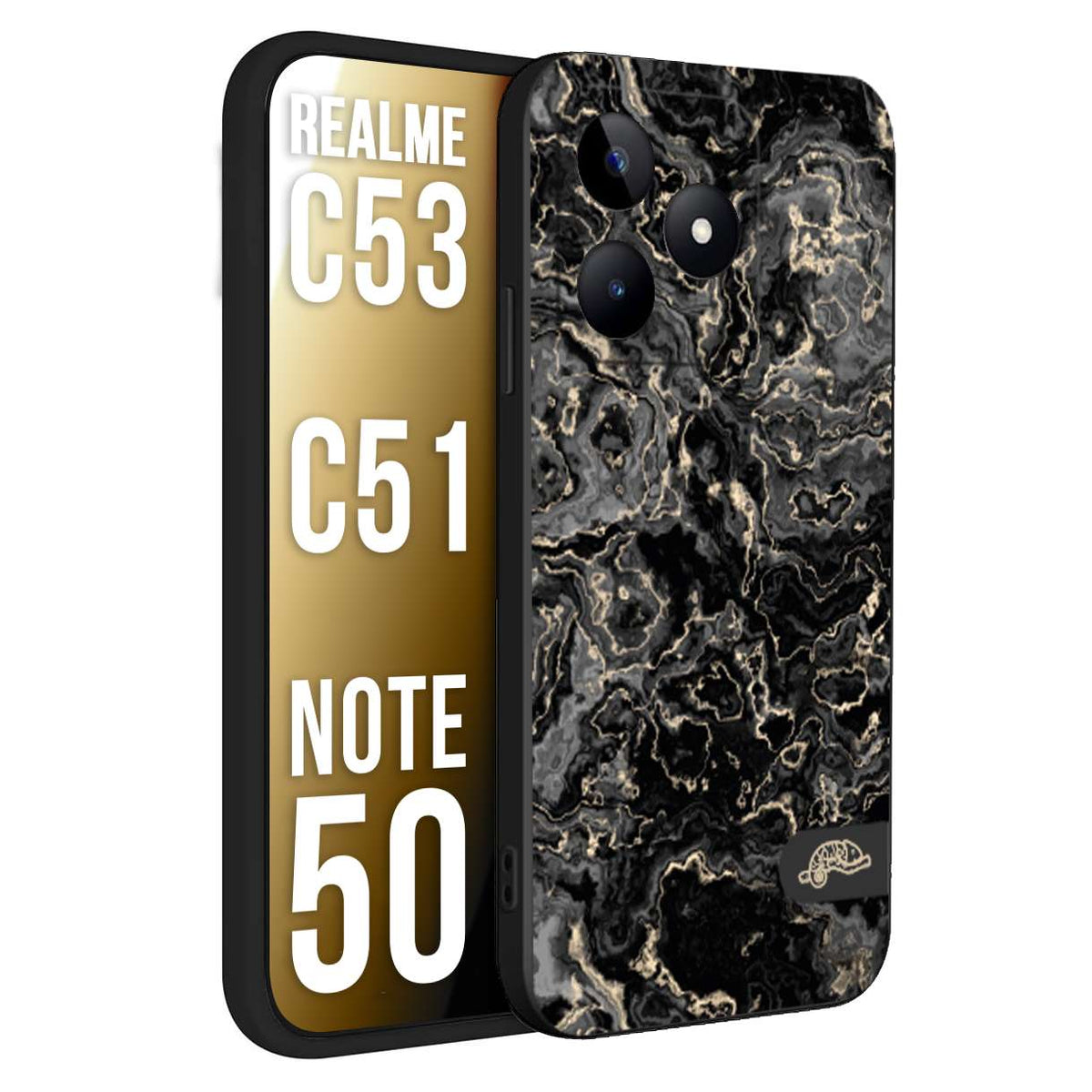 CUSTOMIZZA - Custodia cover nera morbida in tpu compatibile per Realme C53 - C51 - NOTE 50 effetto marmo marble nero black venature dorato pietra