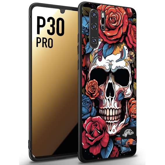 CUSTOMIZZA - Custodia cover nera morbida in tpu compatibile per Huawei P30 PRO teschio skull flowers fiori rose rosse tattoo disegnato