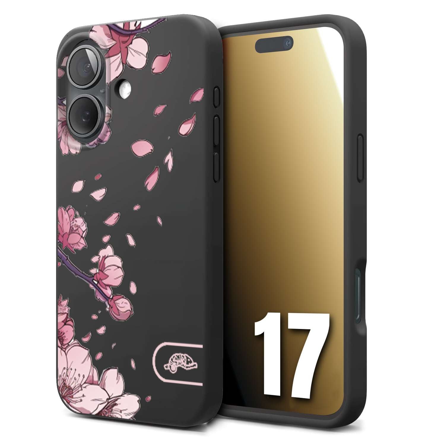 CUSTOMIZZA - Custodia cover nera morbida in tpu compatibile per iPhone 17 giapponese fiori di ciliegio in fiore a rilievo disegnata tattoo