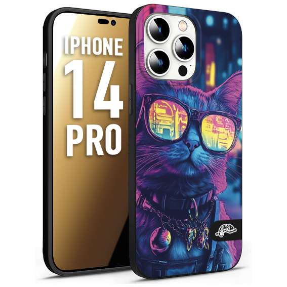 CUSTOMIZZA - Custodia cover nera morbida in tpu compatibile per iPhone 14 PRO animali cyberpunk gatto street cat fucsia blu giallo