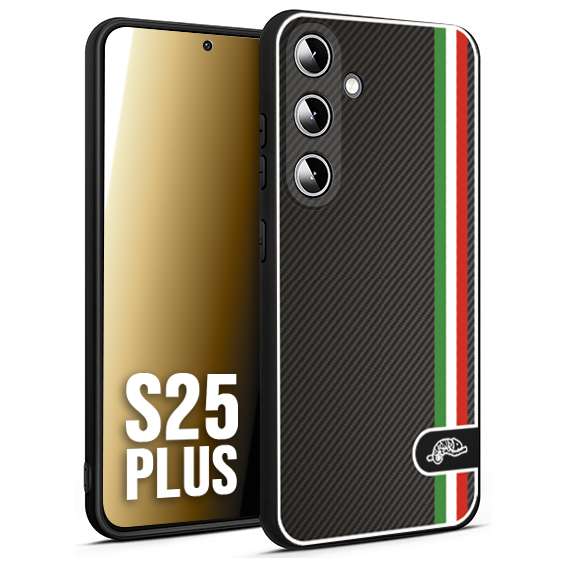 CUSTOMIZZA - Custodia cover nera morbida in tpu compatibile per Samsung S25 PLUS effetto fibra di carbonio bandiera Italia made in Italy