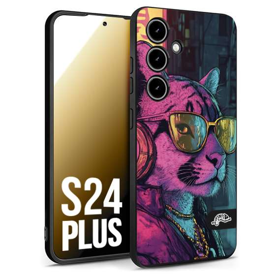 CUSTOMIZZA - Custodia cover nera morbida in tpu compatibile per Samsung S24 PLUS animali cyberpunk pantera street cat fucsia blu giallo