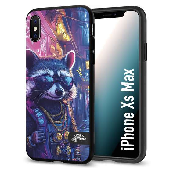 CUSTOMIZZA - Custodia cover nera morbida in tpu compatibile per iPhone Xs Max animali simpatici cyberpunk procione racoon street cat fucsia blu giallo
