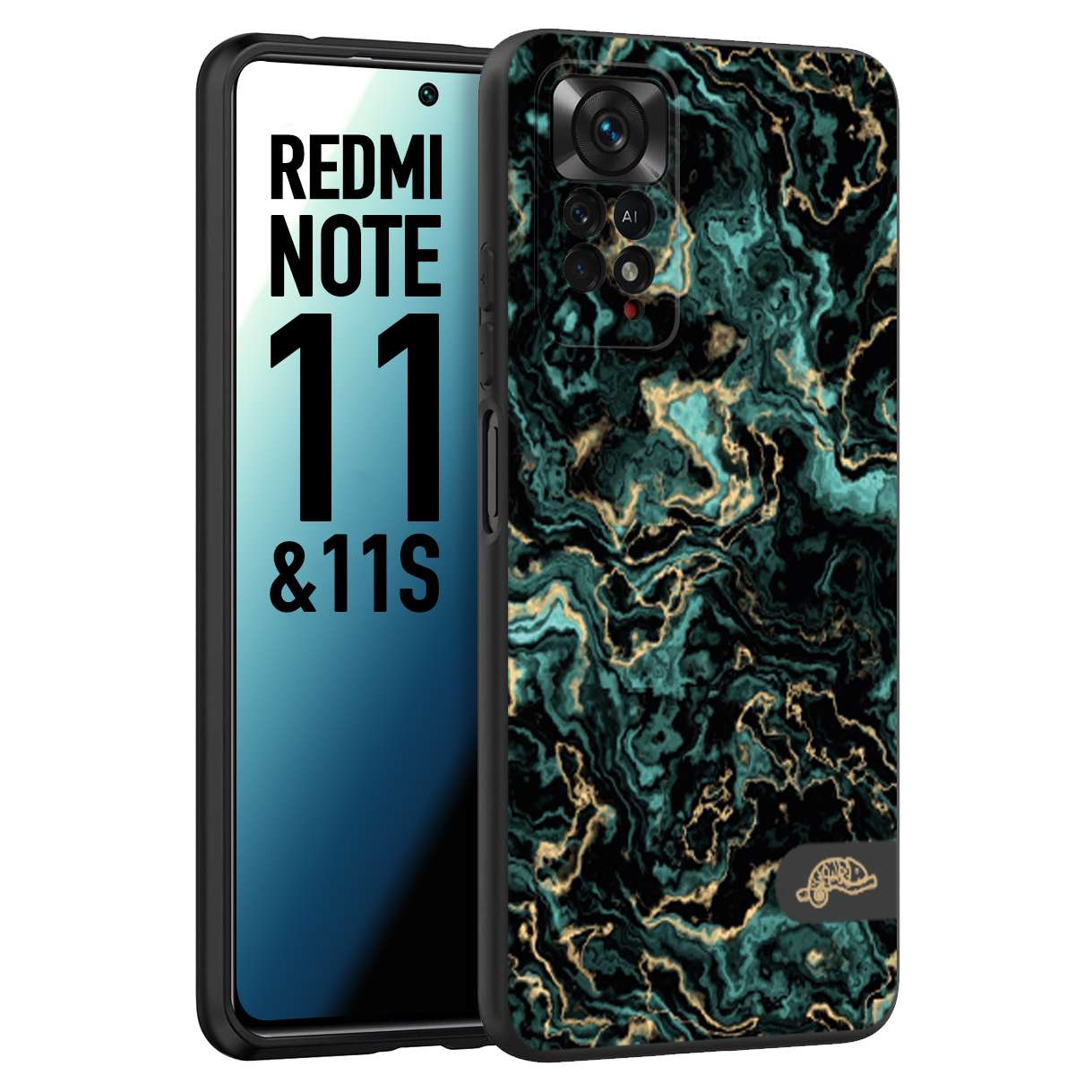 CUSTOMIZZA - Custodia cover nera morbida in tpu compatibile per Xiaomi Redmi Note 11 - Note 11S effetto marmo marble verde green venature dorato pietra