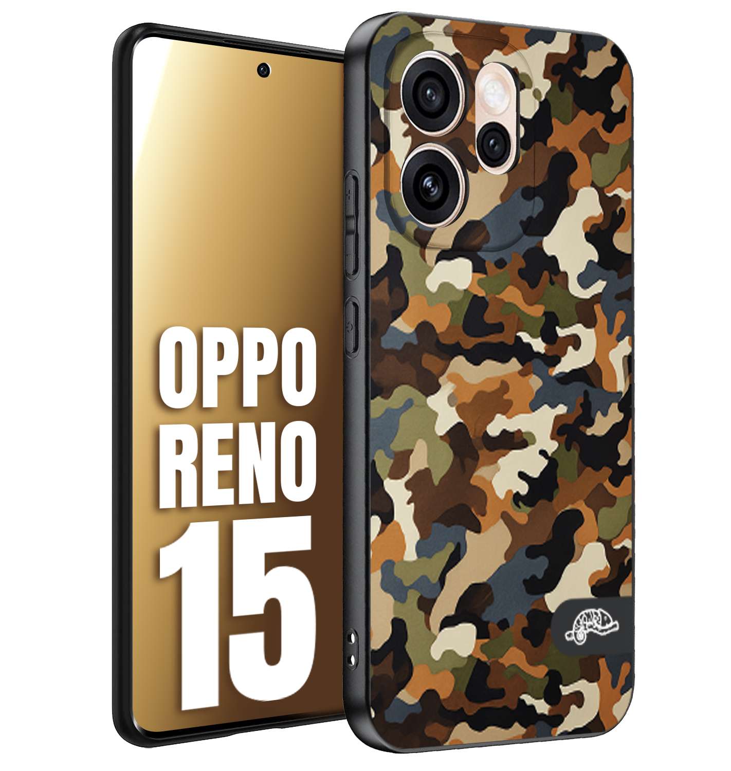 CUSTOMIZZA - Custodia cover nera morbida in tpu compatibile per Oppo Reno 15 camouflage mimetico militare moderno blu marrone beige