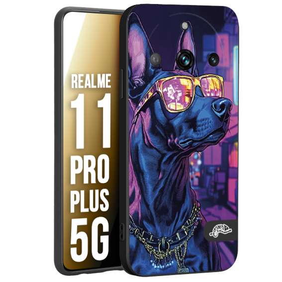 CUSTOMIZZA - Custodia cover nera morbida in tpu compatibile per Realme 11 PRO PLUS 5G animali cyberpunk dobermann cane street dog fucsia blu night