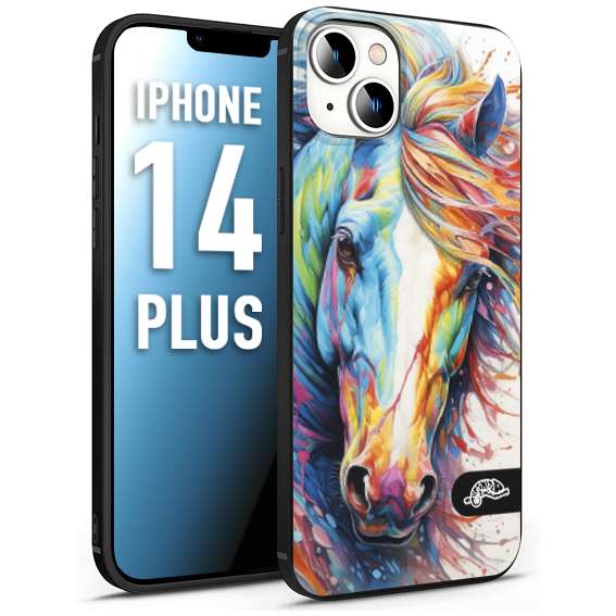 CUSTOMIZZA - Custodia cover nera morbida in tpu compatibile per iPhone 14 PLUS animali color cavallo horse viso colori vibranti disegnato schizzo