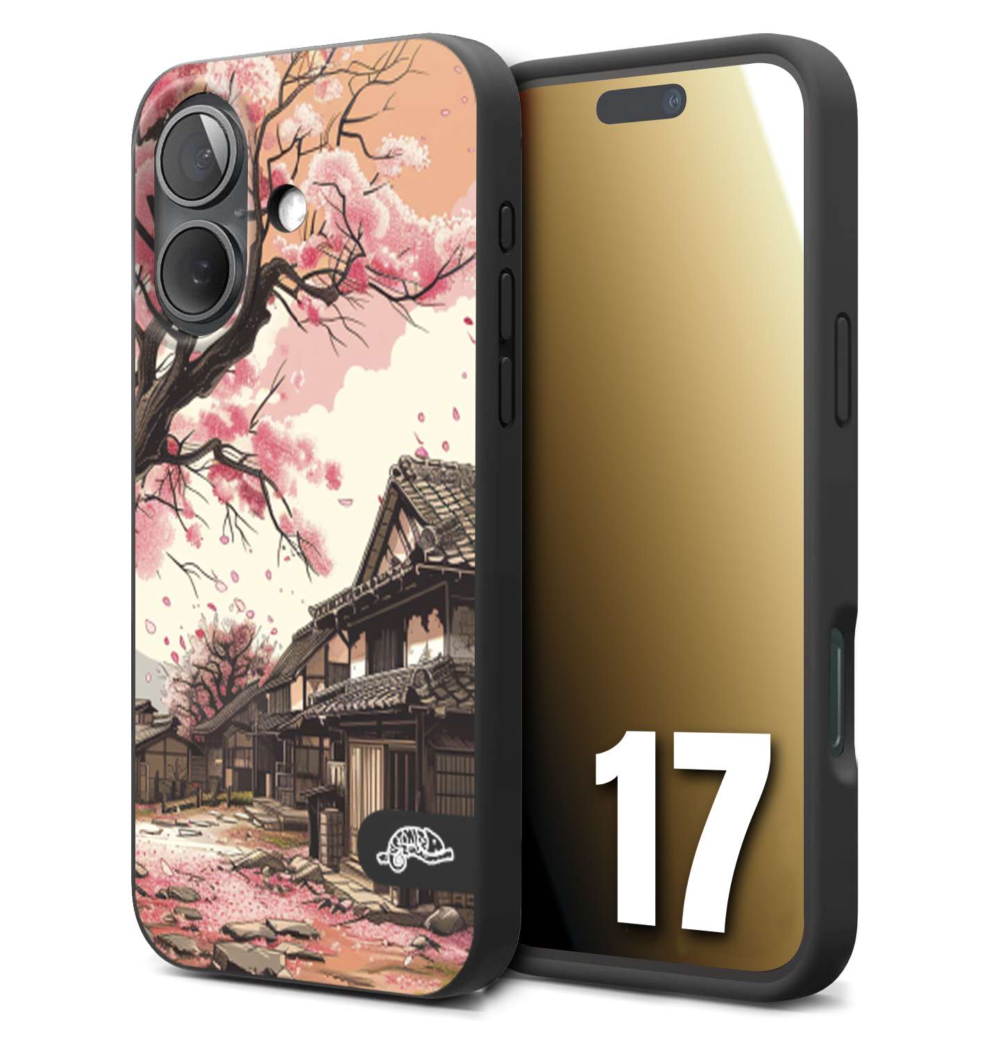 CUSTOMIZZA - Custodia cover nera morbida in tpu compatibile per iPhone 17 casa giapponese rosa ciliegio in fiore disegnata tattoo