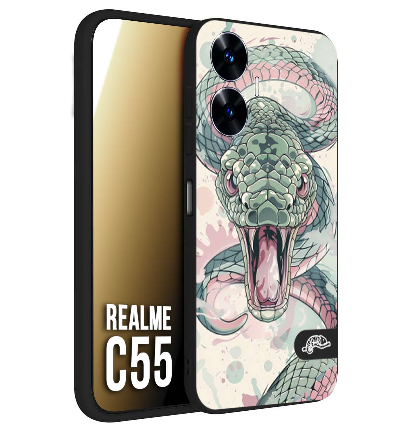 CUSTOMIZZA - Custodia cover nera morbida in tpu compatibile per Oppo C55 snake pink green serpente tatuaggio tattoo disegnato a mano