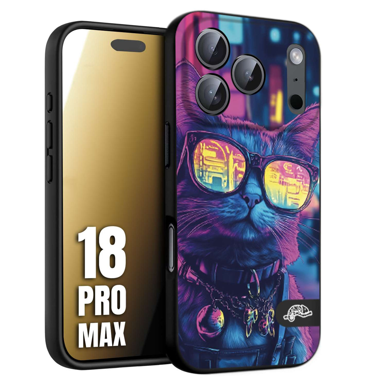 CUSTOMIZZA - Custodia cover nera morbida in tpu compatibile per iPhone 18 PRO MAX animali cyberpunk gatto street cat fucsia blu giallo