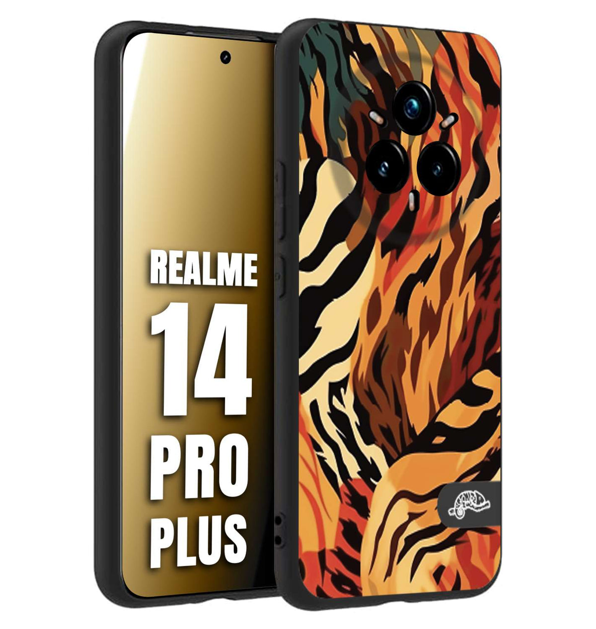 CUSTOMIZZA - Custodia cover nera morbida in tpu compatibile per Realme 14 PRO PLUS leopardato maculato tigrato tiger colorata gialla rossa arancio