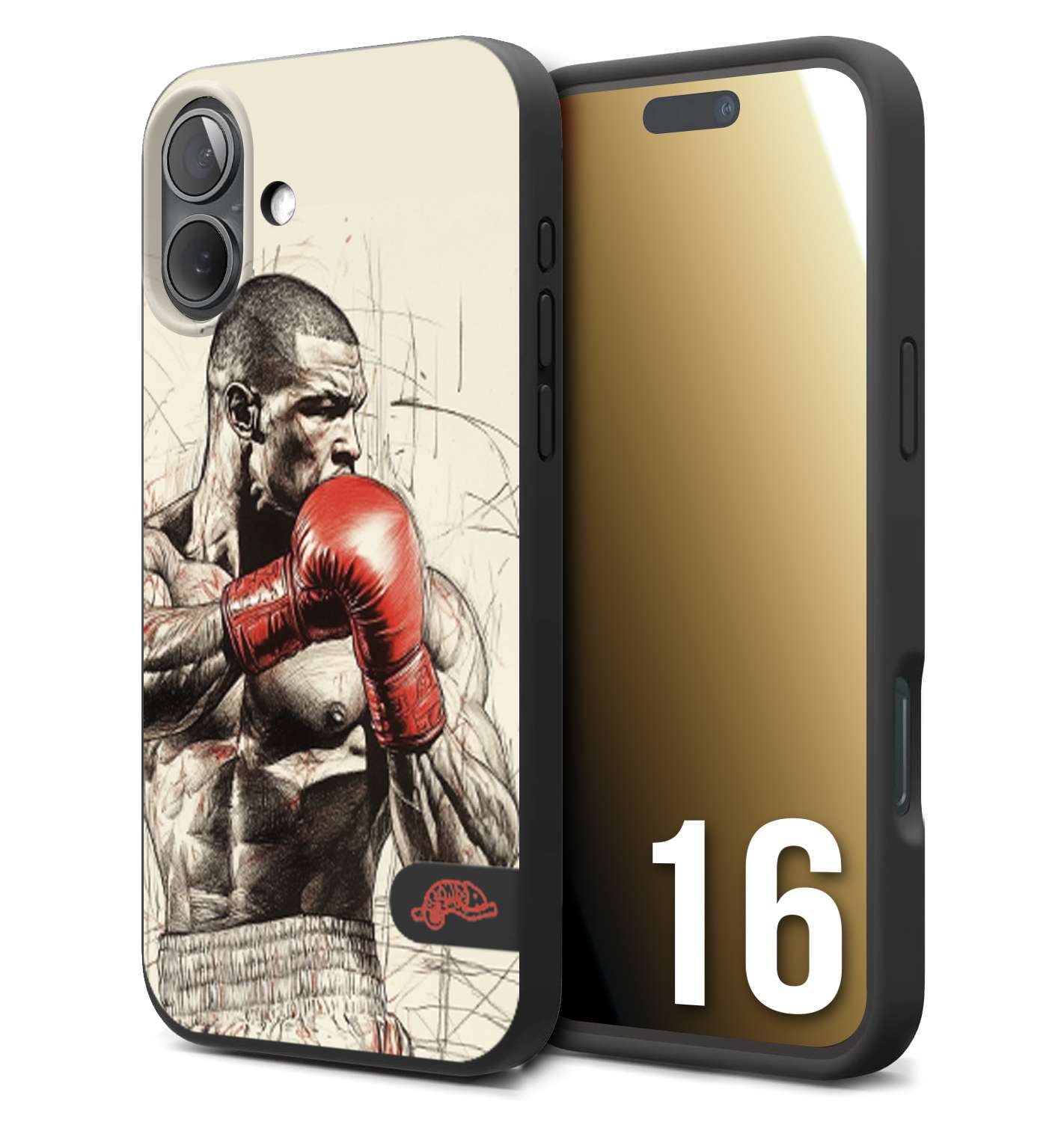 CUSTOMIZZA - Custodia cover nera morbida in tpu compatibile per iPhone 16 pugilato pugili disegno tattoo guantoni box sport ring