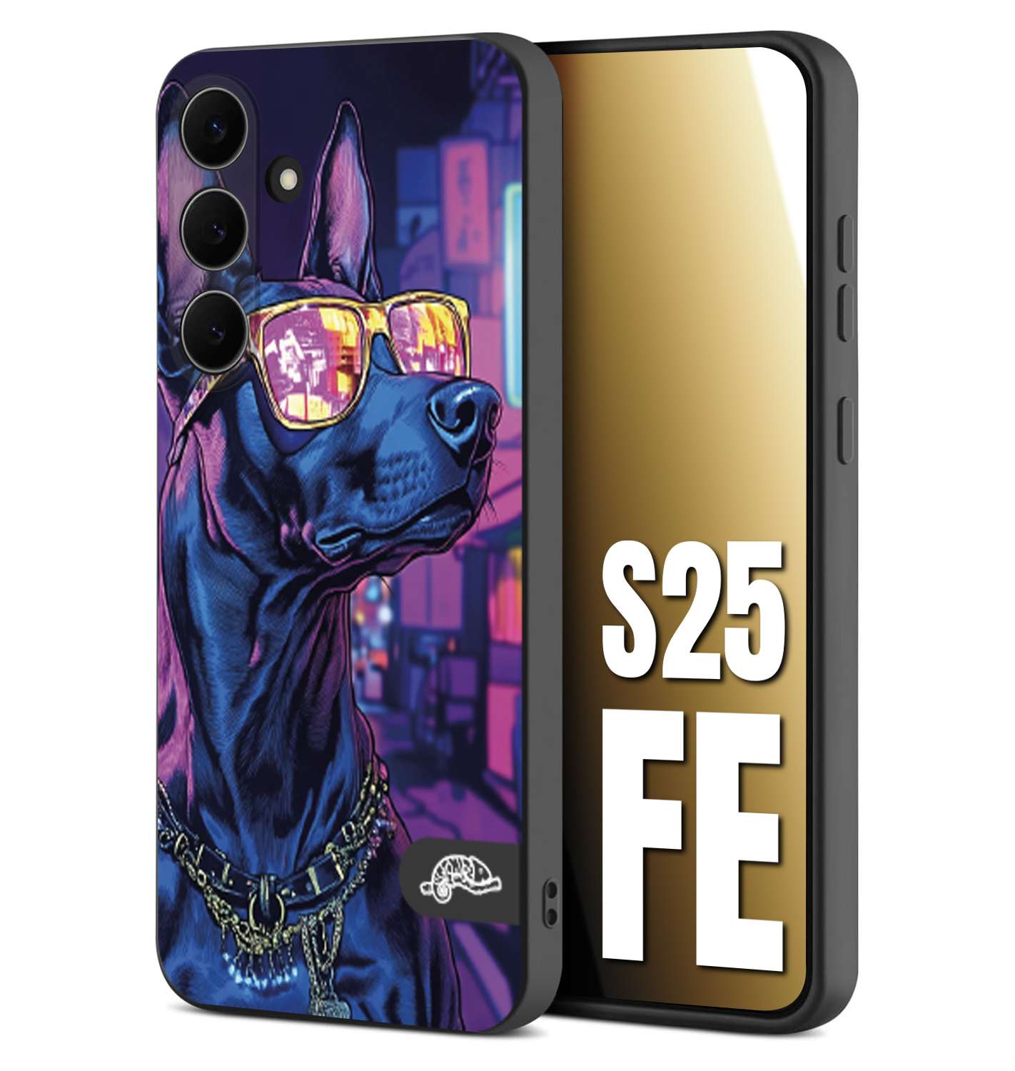 CUSTOMIZZA - Custodia cover nera morbida in tpu compatibile per Samsung S25 FE animali cyberpunk dobermann cane street dog fucsia blu night