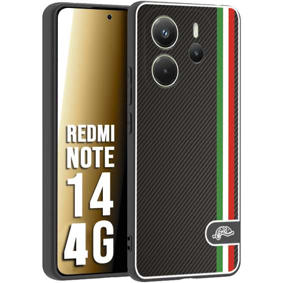 CUSTOMIZZA - Custodia cover nera morbida in tpu compatibile per Xiaomi Redmi Note 14 4G effetto fibra di carbonio bandiera Italia made in Italy