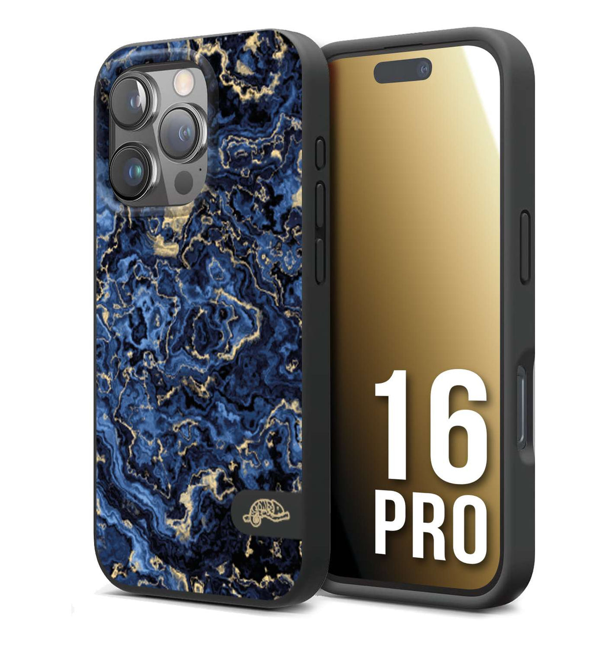 CUSTOMIZZA - Custodia cover nera morbida in tpu compatibile per iPhone 16 PRO effetto marmo marble blu venature dorato psichedelico